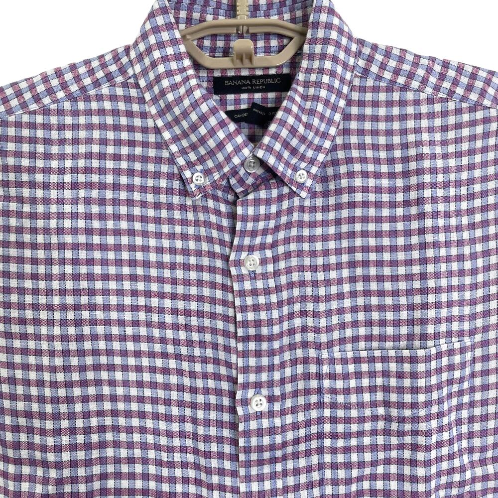 Banana Republic Mens 100% Linen Button Down Shirt Red Blue Plaid Medium